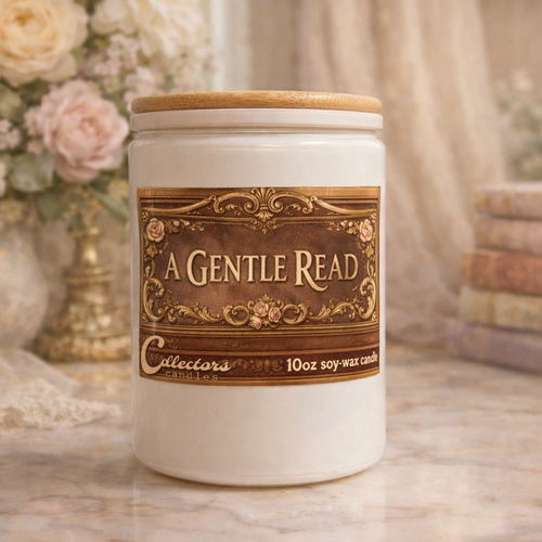Candle jar labeled 'A Gentle Read' with floral and book-themed decor in the background