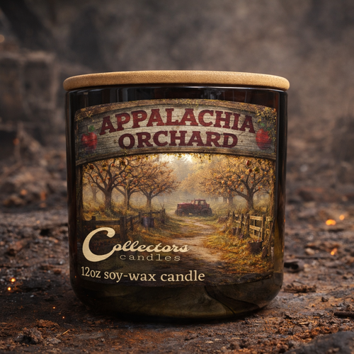Candle with 'Appalachia Orchard' label on a textured surface